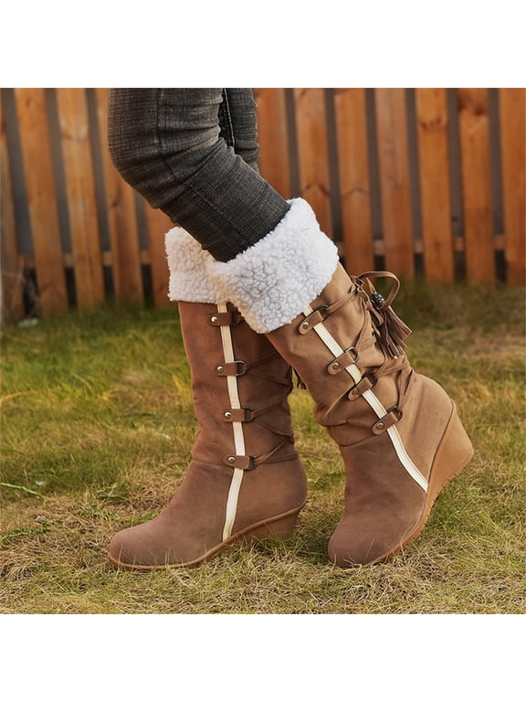 Shldybc Women's Sanding with Tassels High Sleeves Wedges Snow Boots Round Toe Outdoor Walking Boots