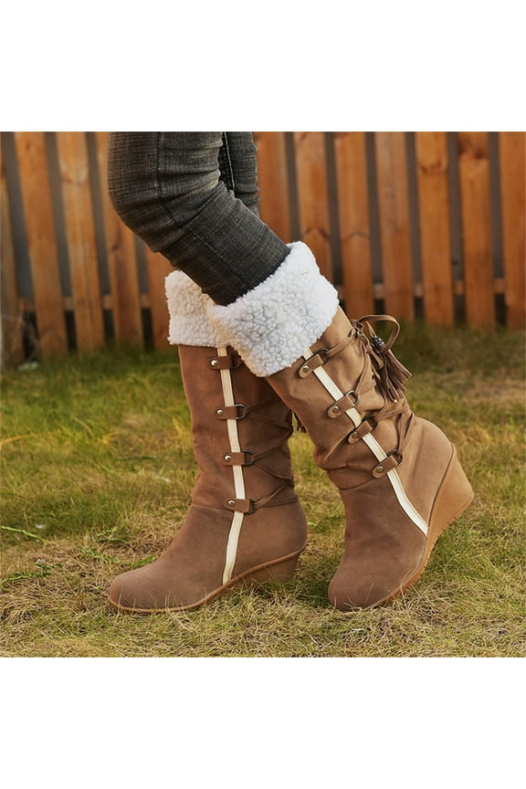 Shldybc Women's Sanding with Tassels High Sleeves Wedges Snow Boots Round Toe Outdoor Walking Boots