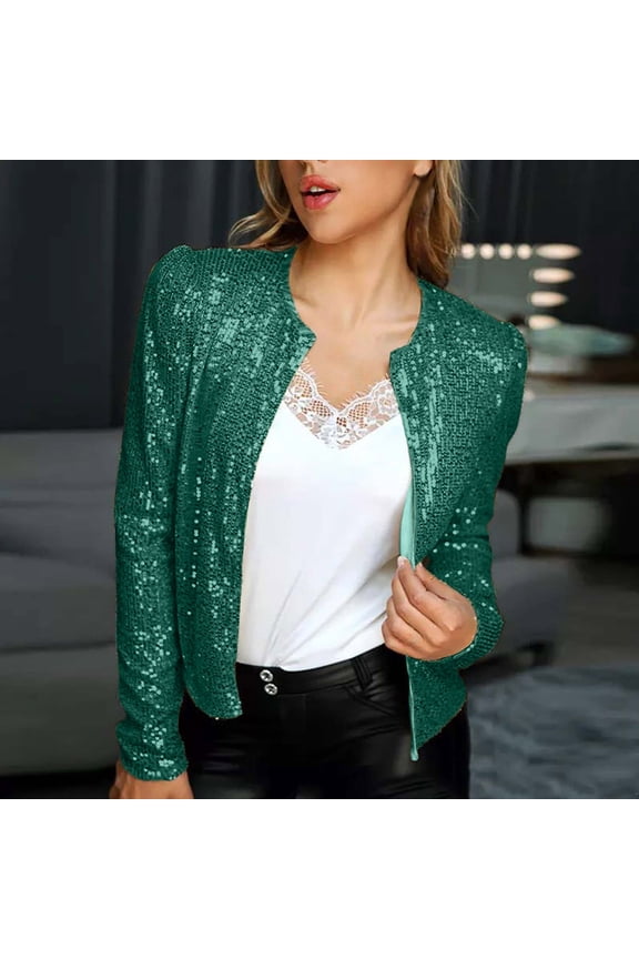 Women's Sequin Jacket Long Sleeve Open Front Cropped Jackets Party Cardigan Coat-Green - Fall/Winter Clearance