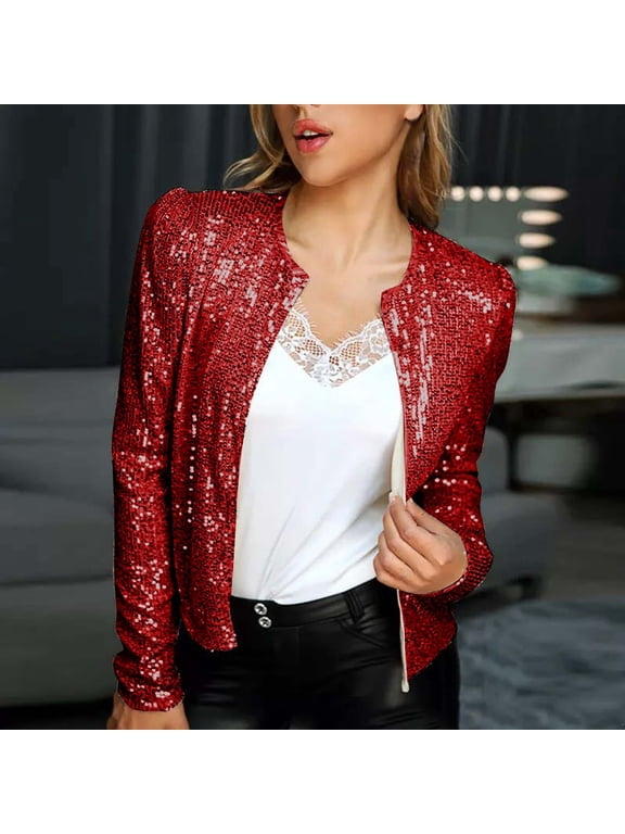 Women's Sequin Jacket Long Sleeve Open Front Cropped Jackets Party Cardigan Coat-Red - Fall/Winter Clearance