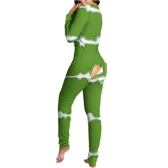 Shldybc Women's Sexy Butt Button Back Flap Jumpsuit V Neck Long Sleeve Romper Bodycon Pajamas Onesies, Adults Fashion Print Sexy Jumpsuit - Fall/Winter Clearance