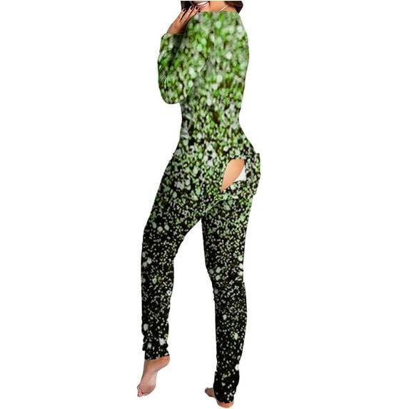 Shldybc Women's Sexy Butt Button Back Flap Jumpsuit V Neck Long Sleeve Romper Bodycon Pajamas Onesies, Adults Fashion Print Sexy Jumpsuit - Fall/Winter Clearance