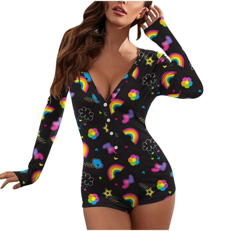 Shldybc Women s Sexy Butt Button Back Flap Jumpsuit V Neck Shorts Long Sleeve Romper Bodycon Pajamas Onesies Fall Winter Clearance Walmart
