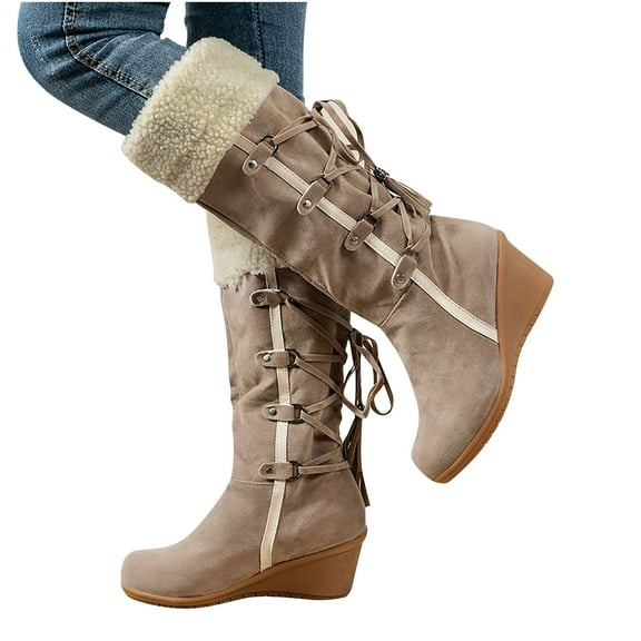 FAMTKT Women's Wedge Boots Winter Snow Boots Women's Large-size Fringe Back Zipper Mid-calf Boots Non-slip Chunky Heel Boots, Womens Boots