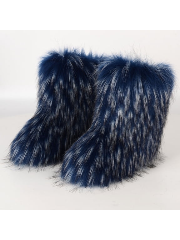 kladzum Women's Winter Faux Fur Boots Round Toe Warm Fuzzy Furry Snow Boots Imitation Plus Cashmere Snow Shoes on Clearance