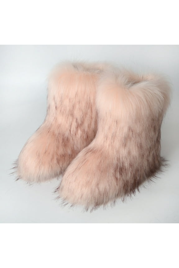 FAMTKT Women's Winter Faux Fur Boots Round Toe Warm Fuzzy Furry Snow Boots Imitation Plus Cashmere Snow Shoes