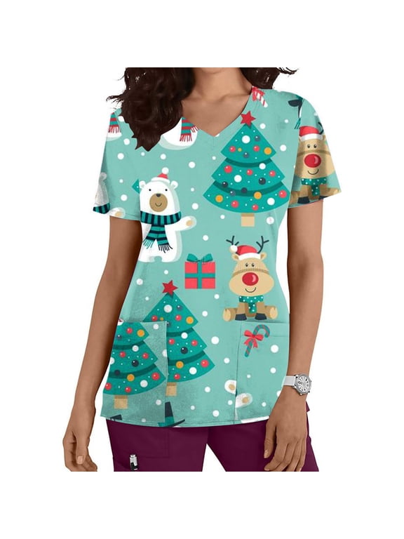 Womens Christmas Nursing Scrub Tops Working Uniform Short Sleeve V Neck Claus Snowman Tree Holiday Christmas PrintWorkwear Blouse Scrubs Tops with Pockets-Mint Green - Fall/Winter Clearance