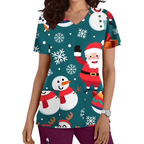 Shldybc Womens Christmas Nursing Scrub Tops Working Uniform Short Sleeve V Neck Claus Snowman Tree Holiday Christmas PrintWorkwear Blouse Scrubs Tops with Pockets-Green - Fall/Winter Clearance