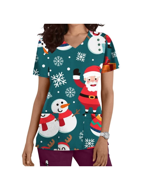Womens Christmas Nursing Scrub Tops Working Uniform Short Sleeve V Neck Claus Snowman Tree Holiday Christmas PrintWorkwear Blouse Scrubs Tops with Pockets-Green - Fall/Winter Clearance