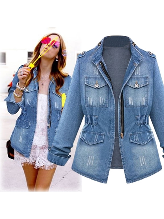 Womens Denim Jacket Zip Jean Jacket Regular Long Sleeve Stretch Denim Jackets Spring Fall Coat-Blue - Fall/Winter Clearance