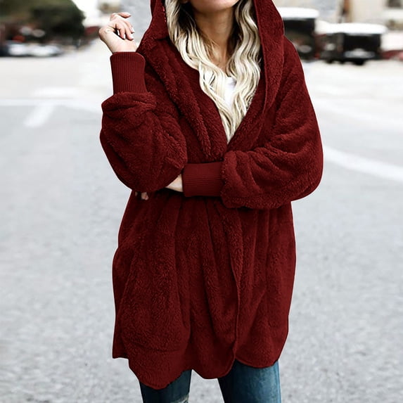Shldybc Womens Fuzzy Fleece Jacket Oversized Open Front Hooded Cardigan Coats Outwear with Pockets
