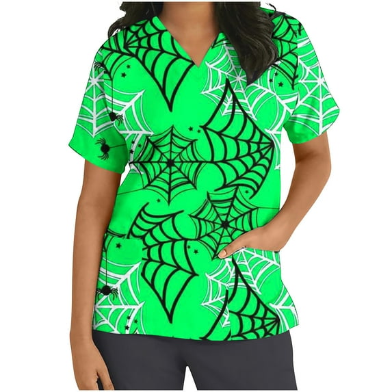 Shldybc Womens Halloween Nursing Scrubs Tops Working Uniform Short Sleeve V Neck Pumpkin Spiders Ghost Holiday Print Tunic Scrubs Workwear Blouse Scrubs Tops with Pockets-Green