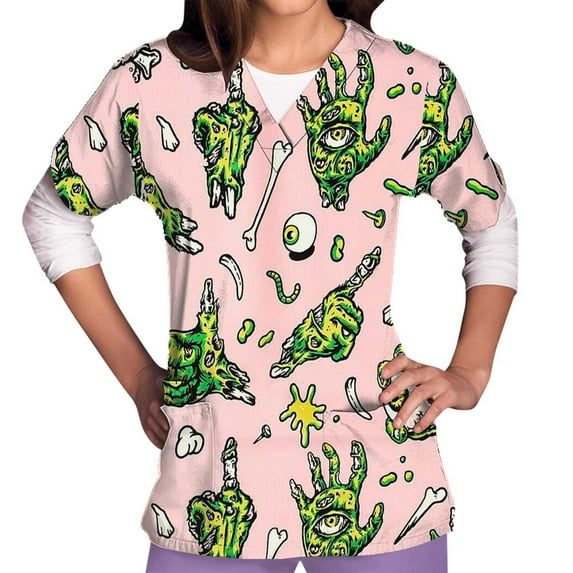 Shldybc Womens Halloween Nursing Scrubs Tops Working Uniform Short Sleeve V Neck Pumpkin Spiders Ghost Holiday Print Tunic Scrubs Workwear Blouse Scrubs Tops with Pockets - Fall/Winter Clearance