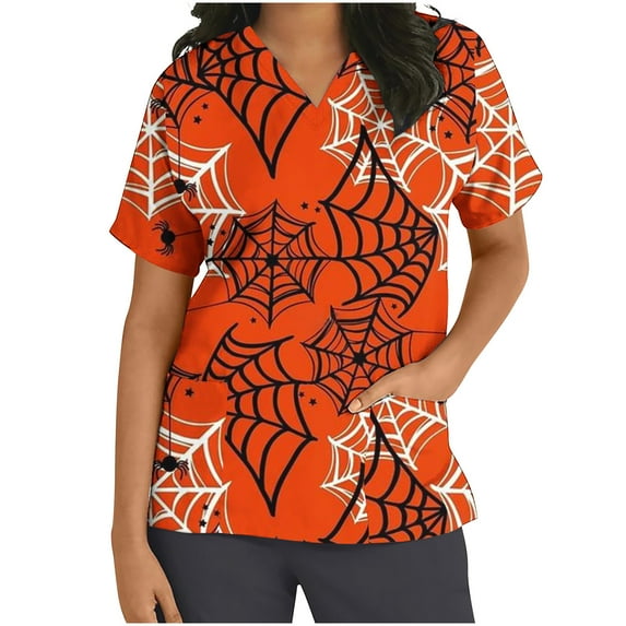 Shldybc Womens Halloween Nursing Scrubs Tops Working Uniform Short Sleeve V Neck Pumpkin Spiders Ghost Holiday Print Tunic Scrubs Workwear Blouse Scrubs Tops with Pockets-Orange