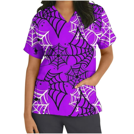 Shldybc Womens Halloween Nursing Scrubs Tops Working Uniform Short Sleeve V Neck Pumpkin Spiders Ghost Holiday Print Tunic Scrubs Workwear Blouse Scrubs Tops with Pockets-Purple