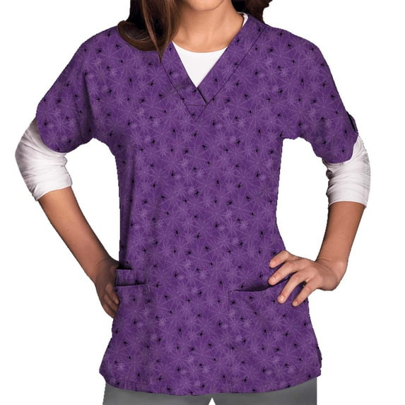Shldybc Womens Halloween Nursing Scrubs Tops Working Uniform Short Sleeve V Neck Pumpkin Spiders Ghost Holiday Print Tunic Scrubs Workwear Blouse Scrubs Tops with Pockets-Purple