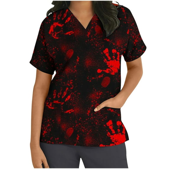 Shldybc Womens Halloween Nursing Scrubs Tops Working Uniform Short Sleeve V Neck Pumpkin Spiders Ghost Holiday Print Tunic Scrubs Workwear Blouse Scrubs Tops with Pockets-Red - Fall/Winter Clearance