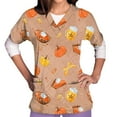 thumbnail image 1 of Shldybc Womens Halloween Nursing Scrubs Tops Working Uniform Short Sleeve V Neck Pumpkin Spiders Ghost Holiday Print Tunic Scrubs Workwear Blouse Scrubs Tops with Pockets-Khaki, 1 of 1