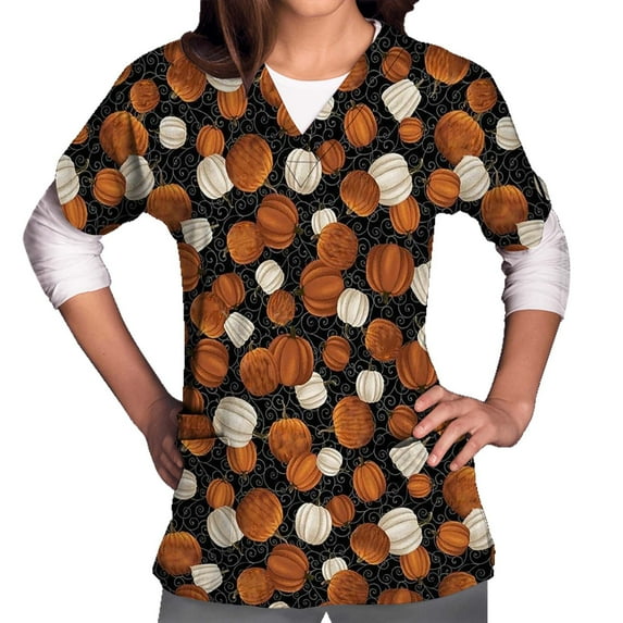 Shldybc Womens Halloween Nursing Scrubs Tops Working Uniform Short Sleeve V Neck Pumpkin Spiders Ghost Holiday Print Tunic Scrubs Workwear Blouse Scrubs Tops with Pockets-Multicolor