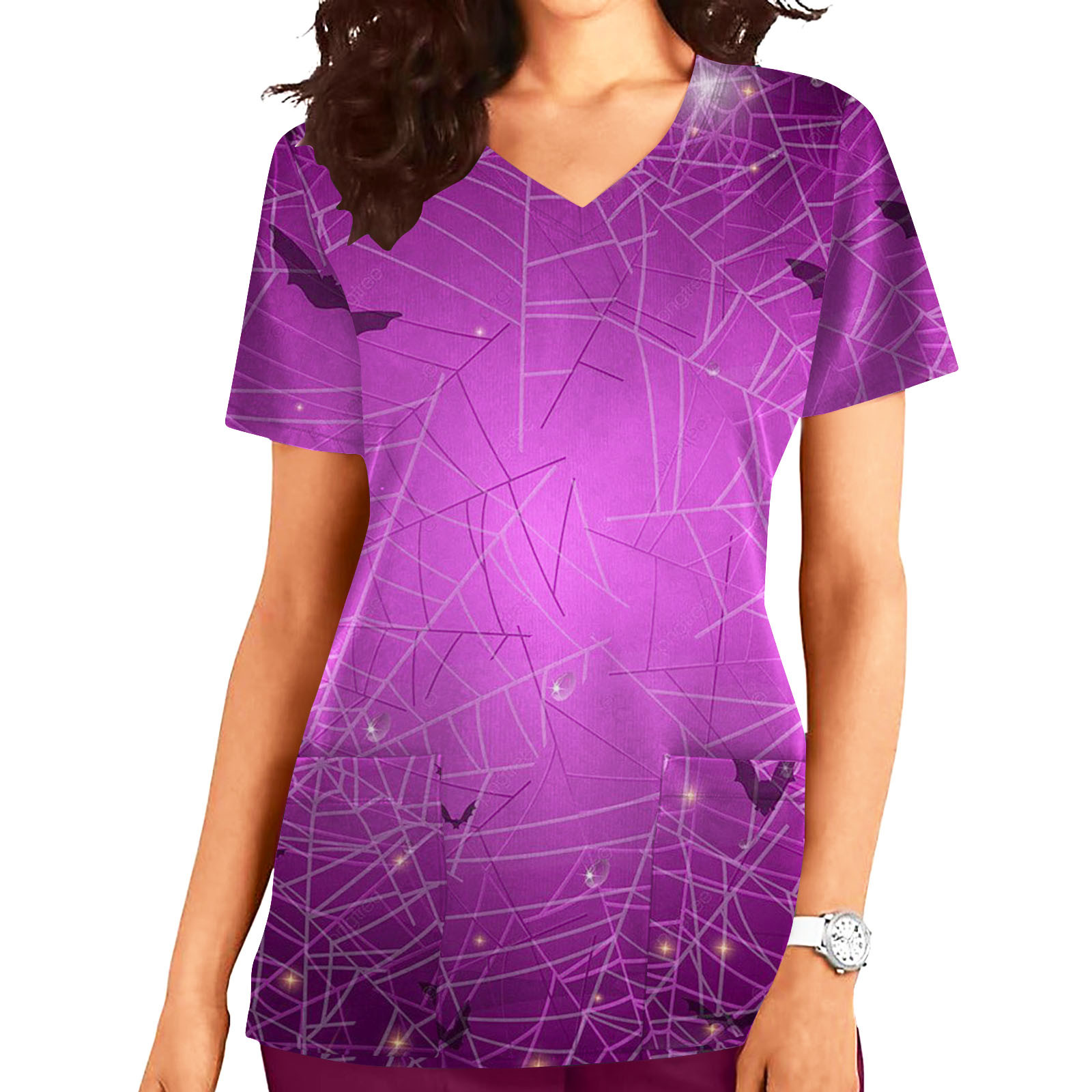 Shldybc Womens Halloween Nursing Scrubs Tops Working Uniform Short