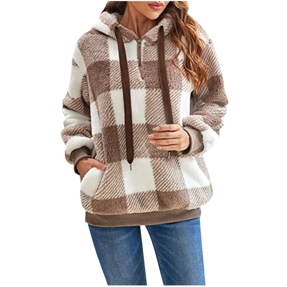 Shldybc Womens Hoodies Fuzzy Hooded Sweatshirt Round Neck Hoodie Pullover Cozy Oversized Sweater Plaid Long Sleeve Plush Top