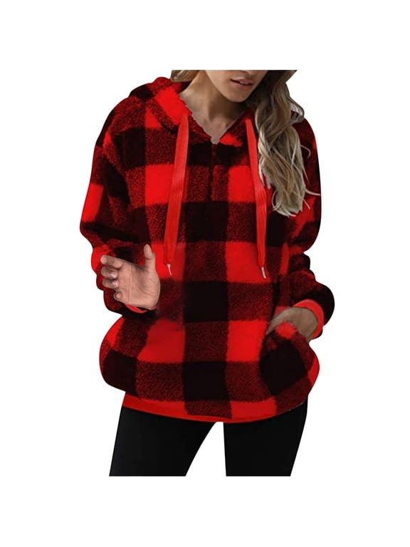 Womens Hoodies Fuzzy Hooded Sweatshirt Round Neck Hoodie Pullover Cozy Oversized Sweater Plaid Long Sleeve Plush Top