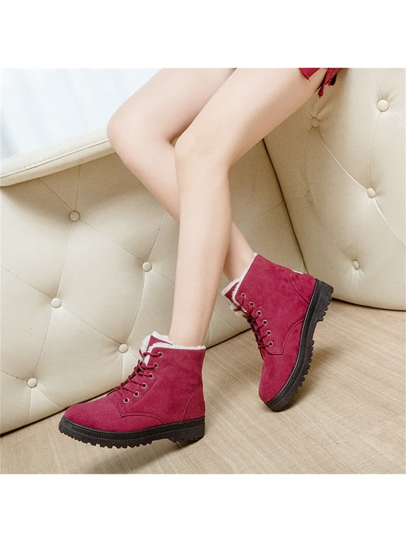 Womens Lace Up Snow Boots, Fashion Round Toe Plushes Warm Flat Shoes Comfortable Ankle Platforms Short Boots
