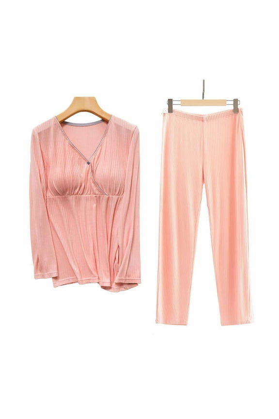 FAMTKT Womens Maternity Nursing Pajama Set Long Sleeves Breastfeeding Sleepwear Comfy Hospital Pregnancy Pjs Set, Women's Pajama Sets( L, Pink )