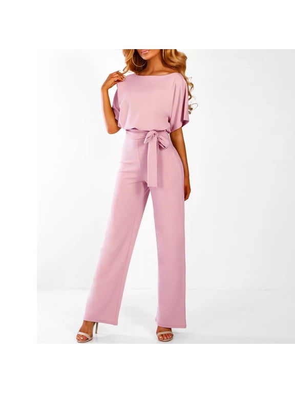 Womens Short Sleeve Jumpsuits Casual Wide Legs Rompers Loose Playsuit Clubwear Straight Leg Jumpsuit With Belt