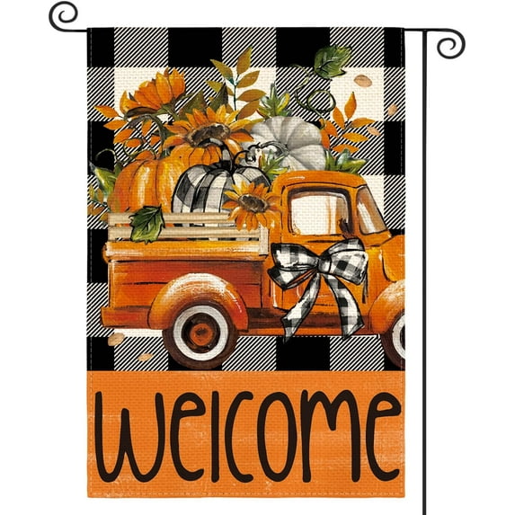 Shmbada Fall Garden Flag 12x18 Inch Double Sided Outside, Buffalo Plaid Autumn Pumpkins Truck Rustic Welcome Yard Outdoor Flag