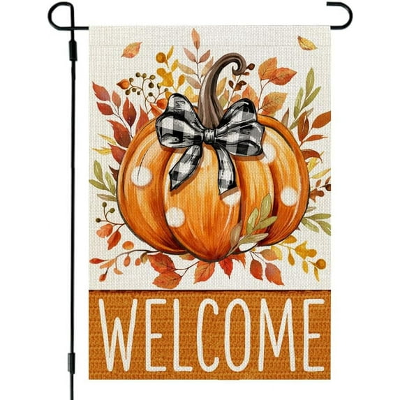 Shmbada Fall Pumpkin Garden Flag 12x18 Inch Double Sided for Outside Small Welcome Burlap Autumn Holiday Yard Decoration