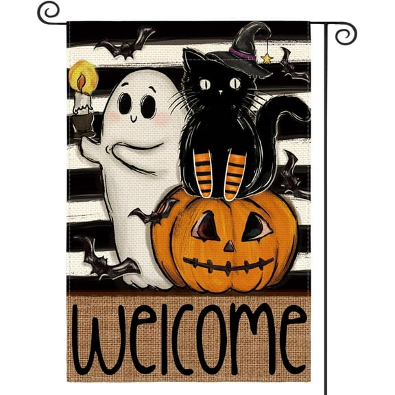 Shmbada Halloween Garden Flag 12x18 Inch Double Sided Outside, Ghost Black Cat Jack O'Lantern Welcome Stripes Yard Outdoor Decorative Flag