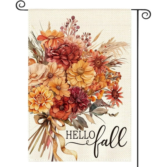 Shmbada Hello Fall Floral Garden Flag 12x18 Inch Double Sided Outside, Flowers Autumn Seasonal Welcome Yard Outdoor Flag