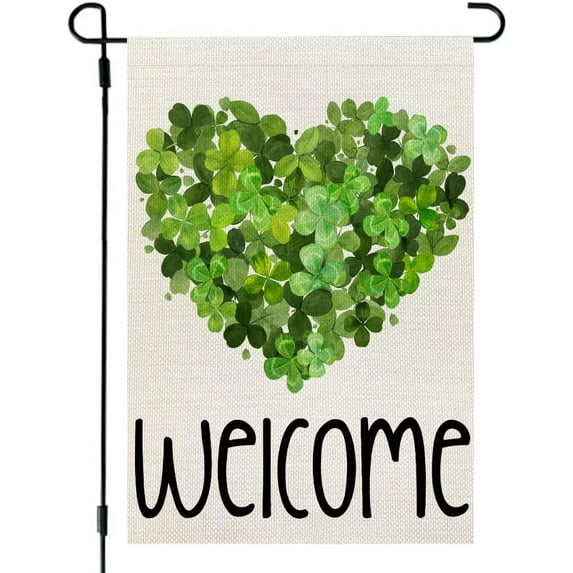 Shmbada St Patricks Day Garden Flag 12x18 Inch Double Sided for Outside Green Shamrocks Heart Small Burlap Welcome Holiday Yard Flag