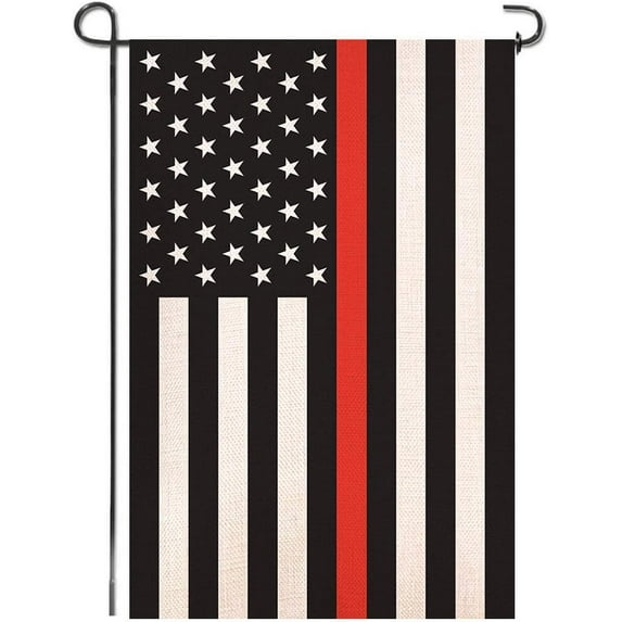 Shmbada Thin Red Line Burlap Garden Flag - Black White and Red Stripe American Honoring Firefighter Flag - Premium Double Sided Decorative for Outdoor Yard Lawn, 12.5x18.5 Inch