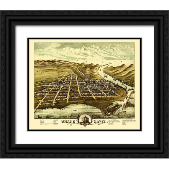 Shober 31x26 Black Ornate Wood Framed with Double Matting Museum Art Print Titled - Grand Haven Michigan - Shober 1874