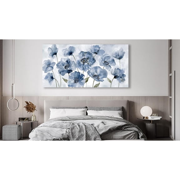 Shoci Large Flowers Wall Art - Blue Floral Canvas Picture for Living Room Aesthetic Light Blue Retro Painting Prints Decor Rustic Botanical Artwork Wall Art for Bedroom Decoration 20" X 40"