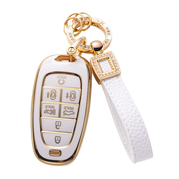 Shock-Absorbent Smart Key Fob Protector with Genuine Leather Strap for 2020-2023 Hyundai Sonata Santa Fe Tucson Models Durable Remote Control Case Cover