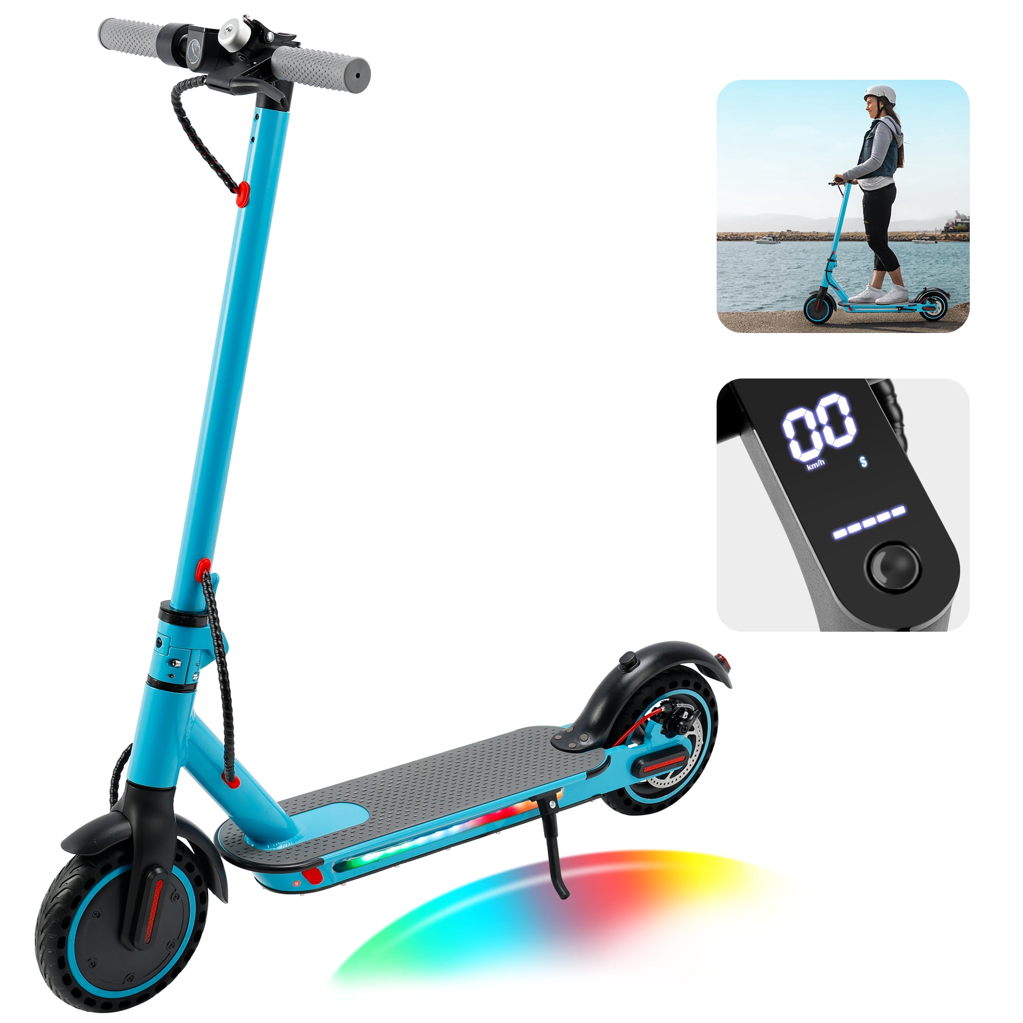 ARTUDATECH Electric Scooter Adults, 350W Motor up to 21 MPH and 25 Miles Long-Range, 8.5" Solid Tires Folding Electric Scooter for Adults and Teens with Deck Lights Dual Braking Safety System Blue