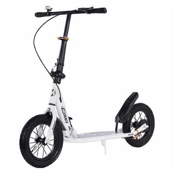 Shock-Absorbing Foldable Commuter Kick Scooter With 12" Large Smooth Rolling Rubber Air Tires White