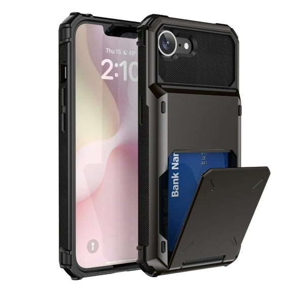 Shock Absorption Phone Housing Case Featuring Concealed Card Storage Compartment and Slide Door Access Protective Wallet