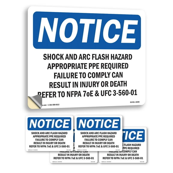 Shock And Arc Flash Hazard Appropriate PPE OSHA Notice Vinyl Decal Label 10 Inch x 7 Inch - 5 Pack