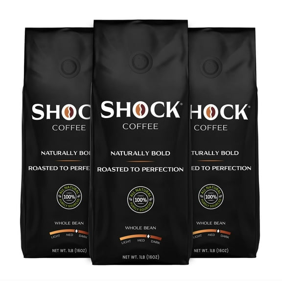 Shock Coffee Whole Bean, The Strongest Caffeinated All-Natural Coffee, Up to 50% more Caffeine. 3 LB