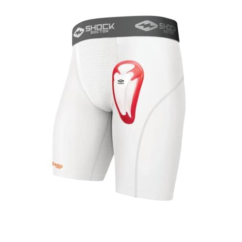 Shock Doctor Compression Shorts with Bio-Flex Athletic Cup, Moisture Wicking, Vented Protection, Youth Sizes White
