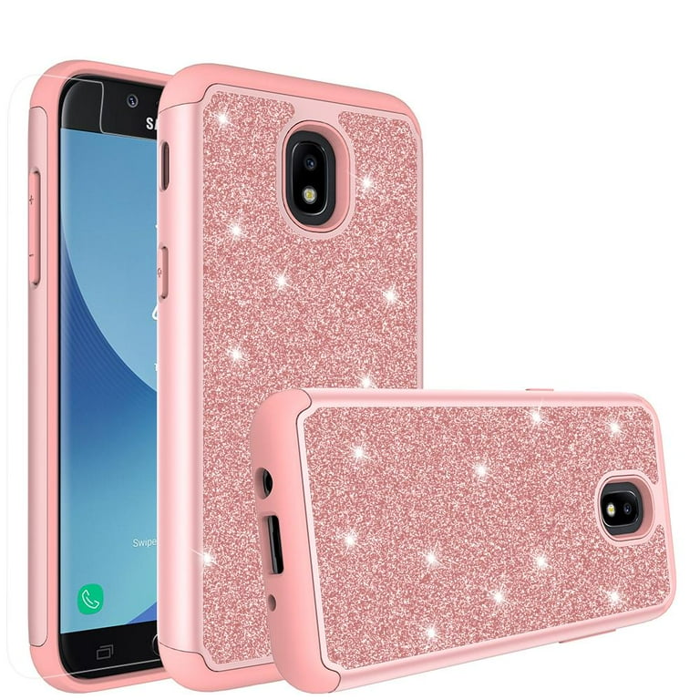 Shock Proof Bling Phone Case Samsung Galaxy J3 2018 Express Prime 3 J3 Achieve Amp Prime 3 Case Hybrid Soft Silicone Cute Girls Women Cover Rose