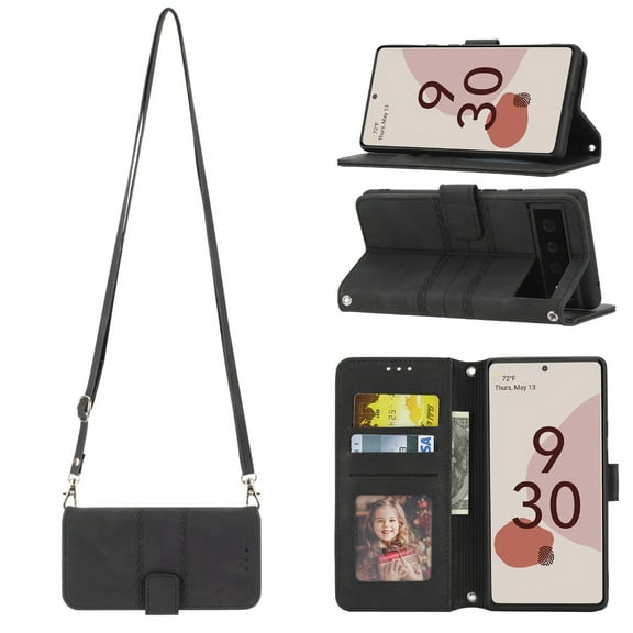 Shock Resistant Flip Cover Wallet Case for Google Pixel 6 Pro, Leather Kickstand Card Cash Slots Crossbody Protective Case For Google Pixel 6 Pro,Black