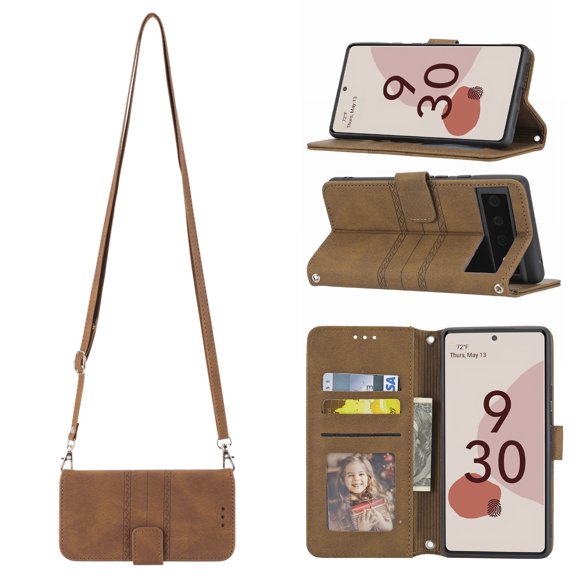 Shock Resistant Flip Cover Wallet Case for Google Pixel 6 Pro, Leather Kickstand Card Cash Slots Crossbody Protective Case For Google Pixel 6 Pro,Brown
