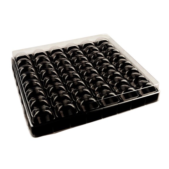 Shock Safe Rectangle Black Plastic Macaron Take Out Box - Fits 48 Macarons - 13 1/4" x 13 1/4" x 2" - 100 count box