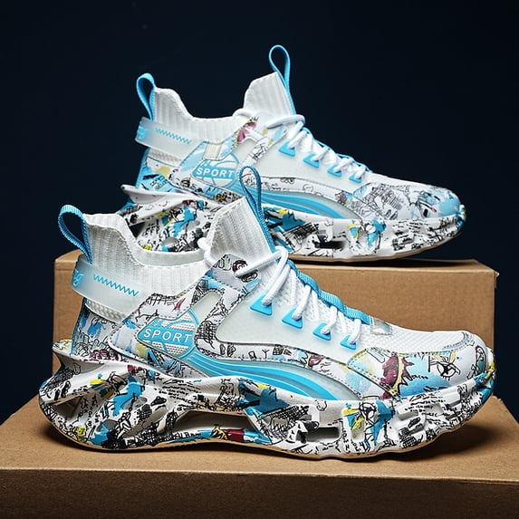 Shock-absorbing Men's Blade Type Lace-up Graffiti Trendy Sneakers - Breathable Running Shoes