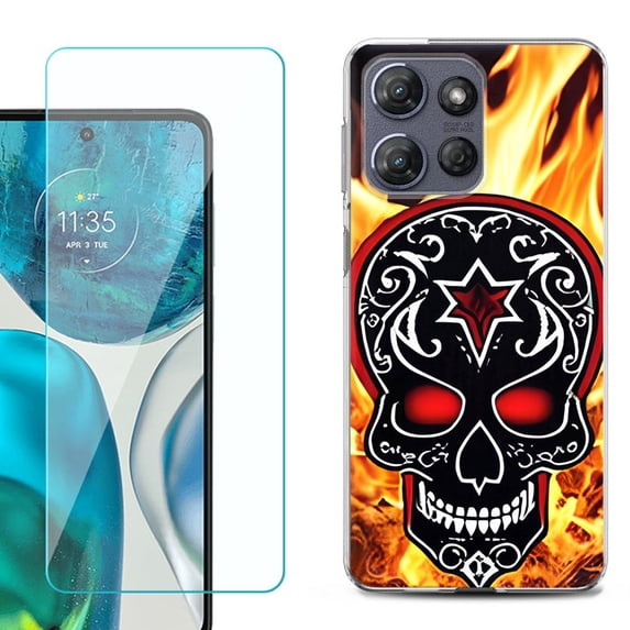 ShockProof Phone Case for Motorola Moto G Power 5G 2026, with Screen Protector, by OneToughShield - Skull Flames